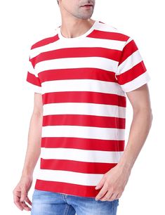 PRICES MAY VARY. Soft Material: Adopt white elastic rib collar, 80% premium cotton and double-needle cover-seam. Durable, will not fade and easy to stretch Basic design: Wide red and white striped shirt. Front and back match on sideseam Casual wear: Good choice to daily, workout, sport, office work, formal, business and dating. A basic casual short sleeve t shirt for your wardrobe Ocassion: Perfect for theme party, Christmas, New year and halloween. Dress up as robber and prisoner. Paired with b Sailor Accessories, Sport Office, Blue And White Striped Shirt, Striped Shirt Women, Work Formal, Rainbow Shirt, Basic Design, T Shirt Costumes, Striped Long Sleeve Shirt