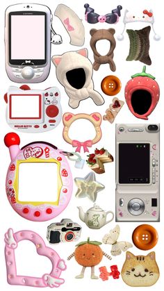 an assortment of toys and gadgets displayed on a white background