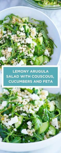 two white bowls filled with salad and topped with cucumbers and feta text overlay