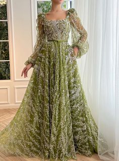 Evergreen Iris Gown | Teuta Matoshi Colorful Gowns Dresses, Green Gown Elegant, Green Couture Gown, 2024 Dress Trends, Green Bridal Dress, Green Fantasy Dress, With Sleeves Gown, The Glittering Court, Embroidered Gowns