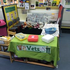 there is a green table with some stuffed animals on it in the middle of a room