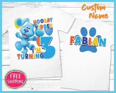 a blue teddy bear birthday shirt with the number five on it and an image of a paw