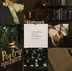 there is a collage of pictures with books and writing on them, including poetry