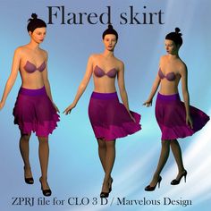 Included in the file:  - flared skirt file - ZPRJ file for CLO 3D and Marvelous Designer - Sizes from 34 - 44 US 6 - 14 - with topstitching  - ready sewn - saved as garment in the basic position  - Sice 6 As a sewing tutorial you can find here the pattern to download as a PDF https://www.etsy.com/de/listing/1044371899/ebook-salix-schwingender-bahnenrock-gr?click_key=72950f68f98eb11bb068c21c024fb5f17789701f%3A1044371899&click_sum=ed5b8b8d&ref=shop_home_active_34&sts=1 If you would like to have the pattern modified, please send me an email. I can offer you the following services.  If you wish, the pattern can be edited and extended.  * Prints can be placed.  * Sizes can be added  * DXF files  www.3dfashion-garment.de The file can be used for private use only. 3d Fashion, Marvelous Designer, Flare Skirt, Sewing Tutorials, Couture, Sewing, Purple, Pattern, Design