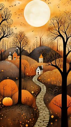 a painting of a path leading to a house in the woods with trees and pumpkins