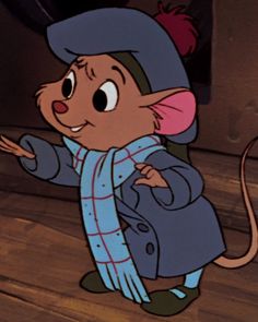 a cartoon character in a blue coat and hat with his arms out, pointing at something