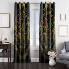 hogwarts logo harry potter window curtains Harry Potter Window, Logo Harry Potter, Hogwarts Logo, Shade Cloth, Dust Collection, Sound Insulation, Curtain Rod, Kids Rooms, Stylish Home