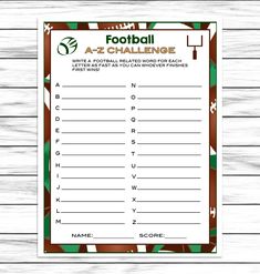 a printable football az challenge game with the name and number, on top of a wooden