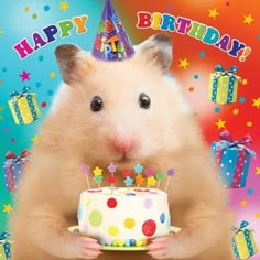 a happy birthday card with a hamster holding a cake