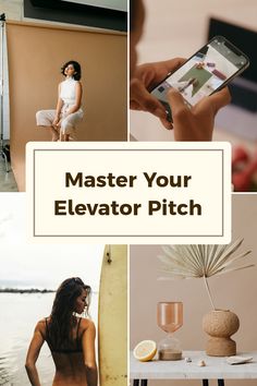 Pin showcasing an engaging guide to master your elevator pitch, featuring 4 images highlighting Elevator Speech Examples and tips to overcome public speaking anxiety.