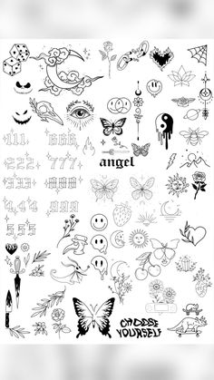 an assortment of tattoos on a white background with the words angel written in black ink