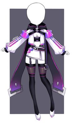 an anime character is dressed in black and white clothing with purple trimmings on her coat