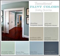 the interior paint colors in this house are blue, white and gray with wood flooring