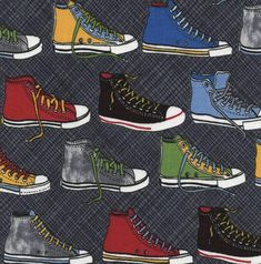 Converse Shoes Fabric Multicolored Brite High Top Sneaker Tennis Shoes by Gail Cadden for Timeless Treasures Fabric by the Half Yard A Dark Grey and Black striped fabric with multicolored high top Converse sneakers printed all over in rows! We sell more of this collection at the link below https://www.etsy.com/shop/PiecedTogetherQLTS?ref=seller-platform-mcnav&search_query=brite+high+top+timeless+treasures Go here to see more of our quality products: https://piecedtogetherqlts.etsy.com We specialize in beautiful custom fabrics that are of LIMITED QUANTITIES; Order Today!    All orders are promptly processed, sealed in resealable zip poly bags, and quickly shipped in waterproof / durable poly bags. We cut from the bolt so additional fabric may be available. All monitors show colors different Converse Tennis Shoes, Broken Crayons Still Color, Broken Crayons, Timeless Treasures Fabric, Silver Fabric, Colorful Shoes, High Top Sneaker, Batik Fabric, Poly Bags