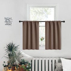 a living room with a radiator, potted plants and a window curtain