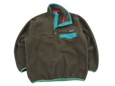 Iconic Retro Jacket from 2012 one of the last years they made these baggy oversized models. Rock the one that made Patagonia famous in the 80s and 90s. Stunning brown with teal blue accents and this fleece is super lush and thick, feels thick and soft like polartec 200, much denser than the models they make now. You can instantly feel the quality and warmth of this product in hand. Perfect spring jacket especially good on cool days wearing around the house. I love my snap t jackets especially wh Green Casual Fleece Jacket For Hiking, Casual Green Fleece Jacket For Hiking, Green Long Sleeve Fleece Jacket For Hiking, Green Crew Neck Outerwear For Outdoor, Brown Teal, Teal Sweater, Retro Jacket, Spring Jacket, Snow Sports