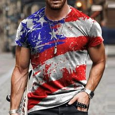 jsaierl 4th of July Shirts Men Patriotic American Flag Print Tees Summer Casual Crewneck Top Plus Size Short Sleeve T Shirt  Celebrate Independence Day in style with our men's 4th of July t-shirts. Made from high-quality cotton, these shirts are comfortable and breathable, perfect for outdoor gatherings and barbecues.  Our men's 4th of July t-shirts feature bold designs that are sure to make a statement. Choose from a variety of patriotic prints and slogans, including the American flag, eagles, American Street Fashion, Mens Trendy Outfits, T Shirt Picture, Summer Fashion Trends, Tee Shirt Homme, Mens Style, Mens Fashion Trends, Sport T Shirt, Printed Tees