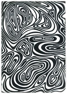 an abstract black and white painting with wavy lines