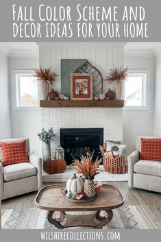 a living room filled with furniture and a fire place covered in fall color scheme for your home