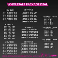 a black and white poster with the price list for wholesale package deal in pink lettering