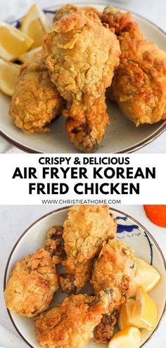 crispy and delicious air fryer fried chicken on a plate with lemon wedges