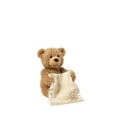 a brown teddy bear sitting next to a white bag