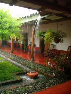 a water fountain in the middle of a garden