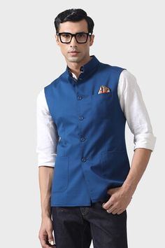 Azure blue wool waistcoat crafted with tailored patch pockets and mandarin collar. - Aza Fashions Formal Blue Nehru Jacket With Stand Collar, Blue Formal Nehru Jacket With Stand Collar, Fitted Blue Nehru Jacket For Work, Blue Nehru Jacket For Semi-formal Occasions, Festive Blue Nehru Jacket With Stand Collar, Royal Blue Fitted Nehru Jacket, Tailored Blue Nehru Jacket, Blue Tailored Long Sleeve Nehru Jacket, Elegant Single-breasted Nehru Jacket