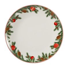 a christmas plate with pine cones and ornaments on it, isolated against a white background