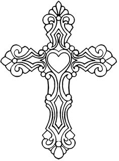 a black and white cross with hearts in the center, on top of it is an ornate