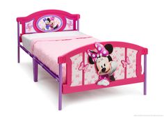 minnie mouse toddler bed with pink and purple sheets, headboard and foot board