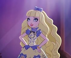 there is a cartoon girl with long blonde hair and blue eyes standing in front of a purple background