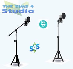 two microphones and a tripod stand with the same logo on it, both in different colors