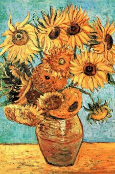 a painting of sunflowers in a vase on a table