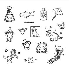 some cute animals and other things in black and white on a white background, with the words sorrybatts above them