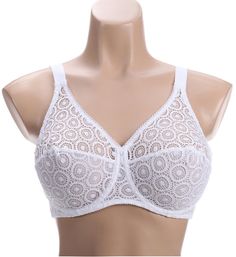 This bra's conical cups feature lace with a circle pattern for unique, chic style. Reinforced, 2-section cups offer maximum support and shaping. Horizontal seamed, 2-part underwire cups give a slight conical look and shape the breasts. Bottom cup panel has fine mesh lining for modesty and added support. Side boning provides extra support. Shoulder straps are adjustable in back. Leotard back. Designed in France. Chantelle Women's Fete Underwire Bra in Black | Plus Size 38C | HerRoom.com Elegant Full Cup Summer Bra, Summer Lace Bra With Padded Cups, Lace Full Cup Bra With Removable Cups, Classic Full Cup Lace Bra, Circle Pattern, A Circle, Underwire Bra, Leotards, Shoulder Straps