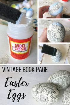 how to make vintage book page easter eggs with newspaper pages and an egg paint can