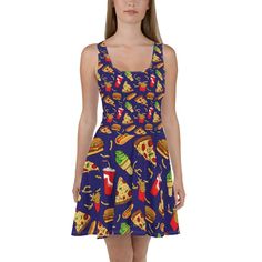 Fast Food Skater Dress. Dress to impress with this sleeveless skater dress! The soft fabric and flared skirt give it an elegant twist that brings out the intricate design with a beautiful vibrancy. * 82% polyester, 18% spandex * Fabric weight: 6.78 oz/yd² (230 g/m weight may vary by 5% * Smooth and elastic fabric * Mid-thigh length flared skirt * Elastic waistline * Overlock seams, coverstitch hemline * Blank product components sourced from China This product is made especially for you as soon a Fit And Flare Sundress For Party, Casual A-line Sundress For Party, Casual A-line Party Sundress, Casual Stretch Sundress For Party, French Fries Party, Fruit Candy, Candy Dress, Date Night Dress, Date Night Dresses