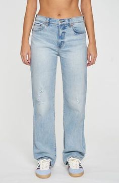 Low-stretch denim in the perfect light wash elevates these vintage-inspired jeans designed with straight legs and an always-on-trend high waist. 31" inseam; 18" leg opening; 12" front rise; 15" back rise (size 29) Zip fly with button closure Five-pocket style 69% cotton, 30% organic cotton, 1% spandex Machine wash, tumble dry Imported Everyday Light Wash Distressed Flare Jeans, High Rise Washed Blue Relaxed Fit Jeans, Washed Blue High Rise Relaxed Fit Jeans, Mid-rise Washed Relaxed Fit Flare Jeans, Washed Blue High Rise Relaxed Jeans, Mid-rise Washed Flare Jeans With Relaxed Fit, Light Indigo Straight Leg Washed Bottoms, Distressed Light Wash Straight Leg Bottoms, Light Wash Distressed Straight Leg Bottoms