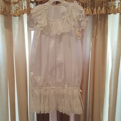 New With Tags, White Satin Christening Infant Gown, Slight Dust Stain On Back, Comes With Clear Plastic Cover Fitted Ruffle Nightgown For Bedtime, Fitted Ruffled Dresses For Bedtime, White Summer Gown For Dress-up, White Gown, Baby Gown, White Gowns, Plastic Cover, White Satin, Clear Plastic