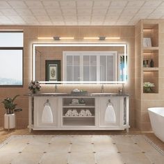 a bathroom with a sink, mirror and bathtub in the middle of it's tile floor