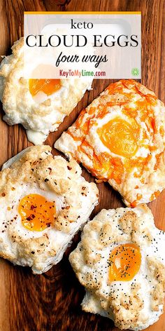 three eggs are on top of some bread with an egg in the middle and another one has been fried