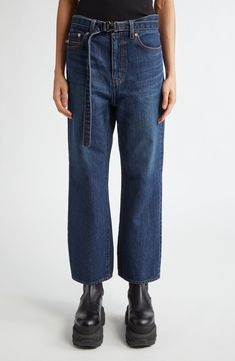 Chitose Abe blends a drapey squeeze-buckle belt and a zip-bisected coin pocket into the cropped silhouette of these bootcut jeans in nonstretch Japanese denim. 25" inseam; 17" leg opening; 11 1/2" front rise; 16" back rise (size 2) Zip fly with button closure Removable belt Five-pocket style 100% cotton Dry clean or machine wash, dry flat Made in Japan Designer Clothing Asian & Pacific Islander Owned/Founded Modern Cropped Leg Flare Jeans With Belt Loops, Modern Cropped Flare Jeans With Belt Loops, Modern Cropped Flare Jeans, Cropped Leg Dark Wash Flare Jeans With Belt Loops, Fall Cropped Leg Flare Jeans With Belt Loops, Chitose Abe, Pacific Islander, Japanese Denim, Fabric Gift Bags