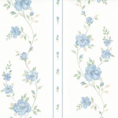 blue flowers and green leaves on white wallpaper with vertical stripes in the background,