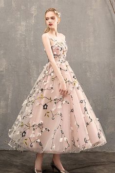 A Line Round Neck Floral Pink Tea Length Prom Dresses, Floral Pink Formal Graduation Evening Dresses Prom Dresses Floral, Tea Length Prom Dress, Backless Formal Dresses, Grey Prom Dress, Prom Dresses 2018, Prom Dresses 2017, Burgundy Prom Dress, Pink Tea, Cinderella Dresses