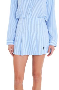 Crisp pleats and narrow stripes amplify the preppy vibes of this mini-length skort. Hidden side-zip closure Interior shorts 50% cotton, 50% polyester Hand wash, dry flat Imported Preppy Vibes, Sports Club, English Factory, Sports Clubs, Shirt Sale, Powder Blue, Striped Shirt, Summer Looks, Classic Looks