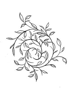 a black and white drawing of a flower with leaves on the petals, as well as a spiral design