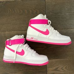 Nike High Top Afi’s With Pink Velcro And Swoosh *Worn A Few Times, Practically New. In Great Condition* Nike High Top, Nike High Tops, Nike High, Shoes Nike, Womens Shoes Sneakers, High Top, Nike Shoes, Nike Women, High Tops