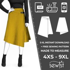 a woman wearing a skirt and black top with the measurements for her sewing pattern, which includes