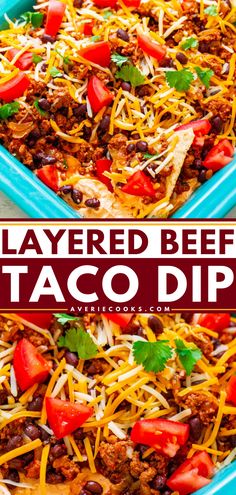 layered beef taco dip in a blue casserole dish